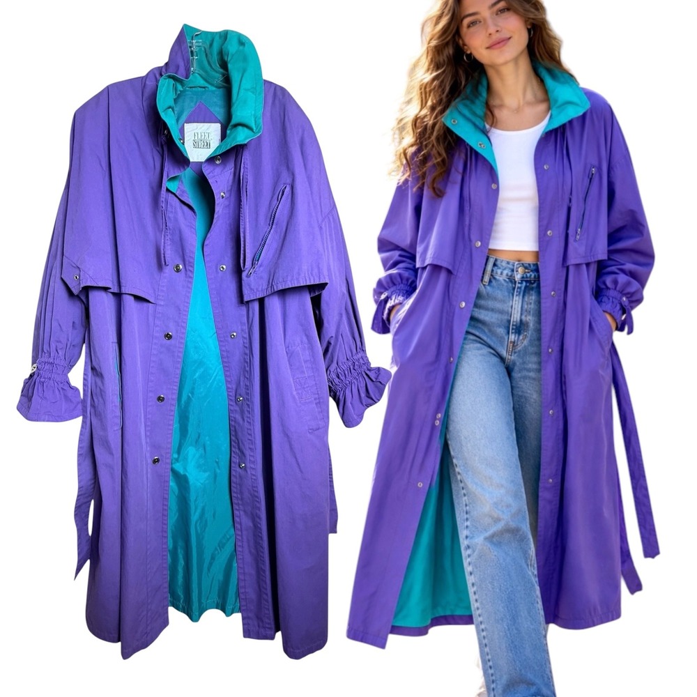 Fleet Street Vintage Purple Teal Trench Coat Belted Storm Flap Ruffle Cuff Sz 14